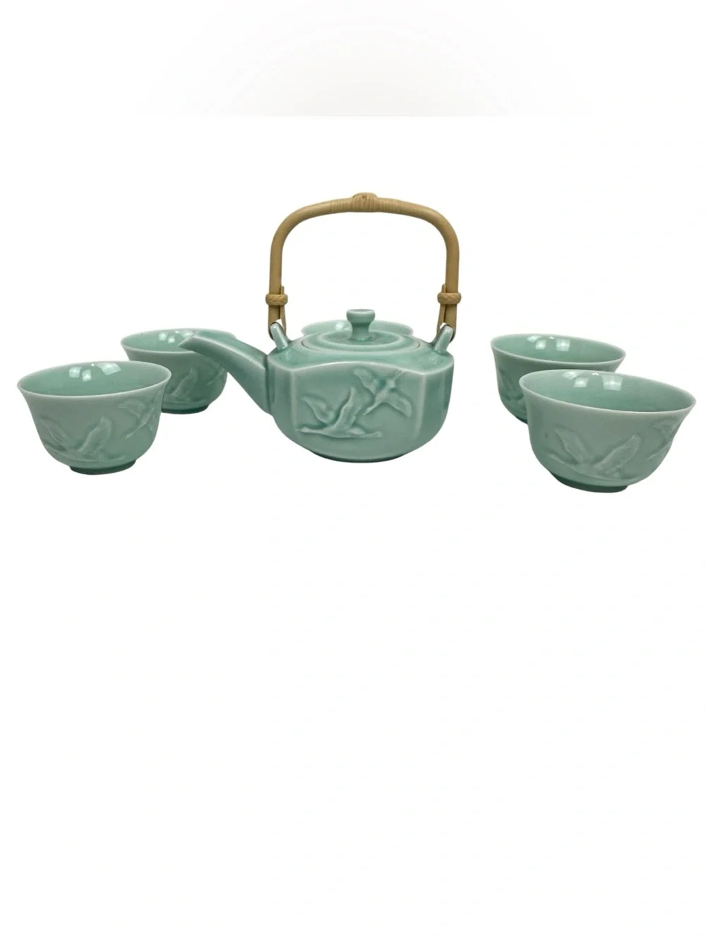 Vintage Celadon Green Korean Style Ceramic Teapot Set with Cups
